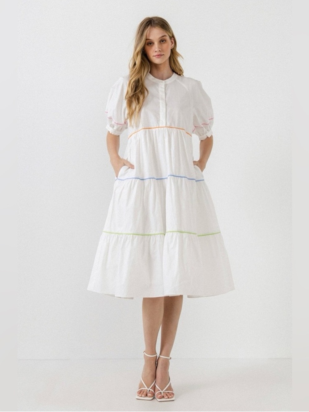 English Factory White Puff Sleeve Tiered Midi Dress XS 100% Cotton